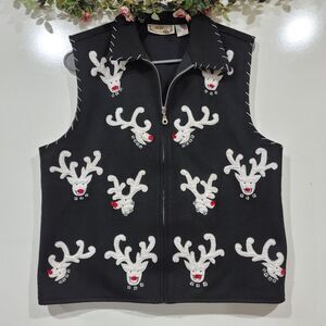 Vintage Wool Large Zip Christmas Vest Rudolph Y2K 90s Embroider Applique Ugly